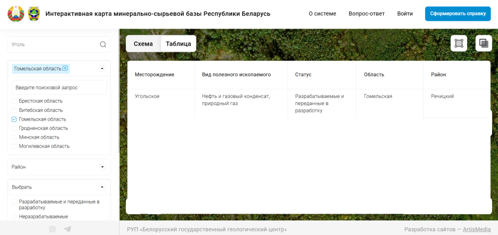 Разработка интерактивной карты состояния минерально-сырьевой базы Республики Беларусь для РУП «Белгосгеоцентр». Обновленный дизайн, расширенные функции и высокая производительность на базе 1С-Битрикс.